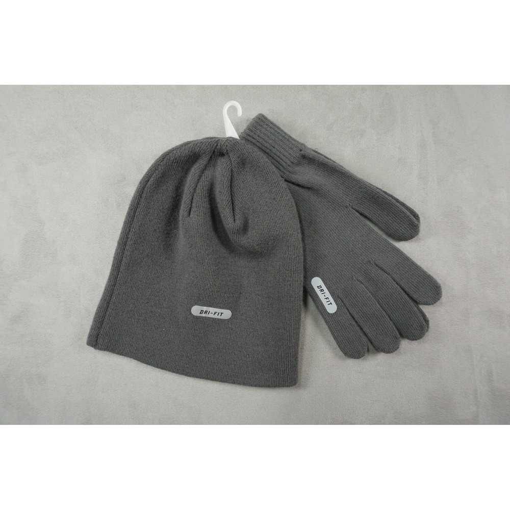 VTG Nike Beanie and Gloves Set Mens One‎ Size Dri-Fit Gray Swoosh NWOT